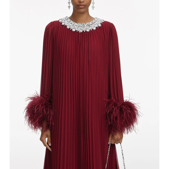 Self Portrait Red Embellished Feather-Trimmed Chiffon Maxi Dress US 8 - Picture 3 of 9